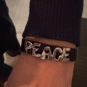 Island Cowgirl Brown Leather Bracelet with hand cast silver Peace Letters
